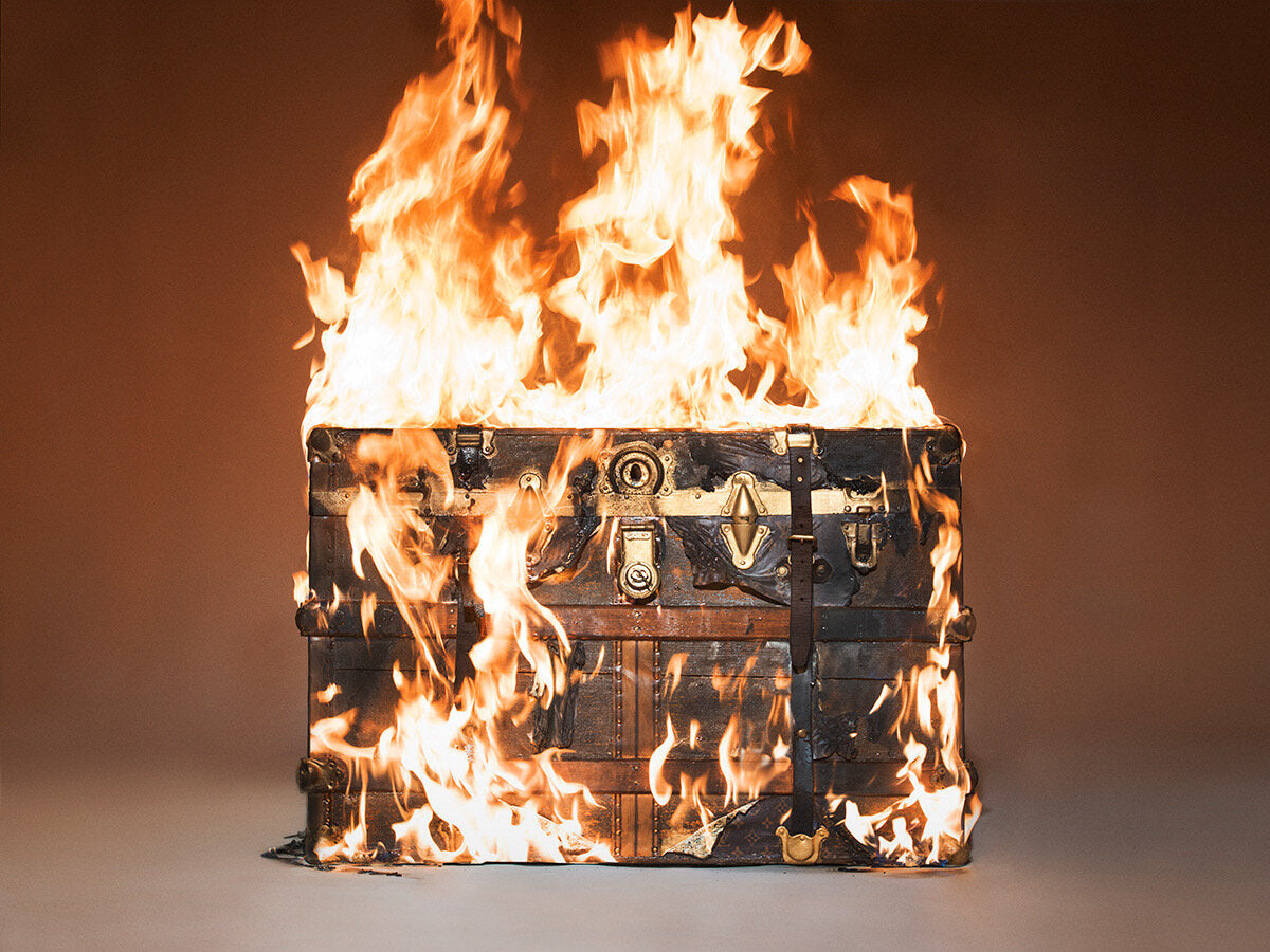 Louis Vuitton trunk on fire by Tyler Shields, limited edition photography