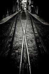 Crossing tram tracks, Lisbon